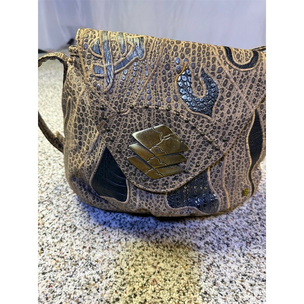 Vintage NAS Crossbody Purse Womens Brown/Black Patchwork Embossed Flap Bag - Picture 9 of 14